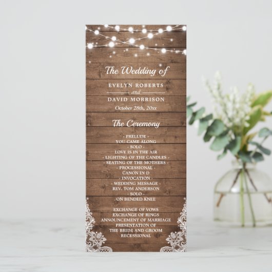 Rustic Wood Twinkle Lights Lace Wedding Programme Programmakaart (Staand voorkant)
