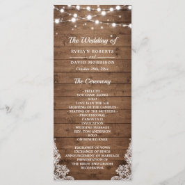 Rustic Wood Twinkle Lights Lace Wedding Programme Programmakaart