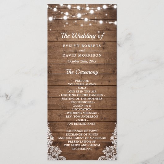Rustic Wood Twinkle Lights Lace Wedding Programme Programmakaart (Voorkant)