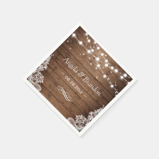 Rustic Wood Twinkle Lights Lace Wedding Servet (Hoek)