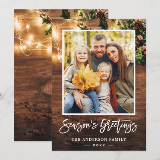 Rustic Wood Twinkle Lights Seizoensgroet Foto Feestdagenkaart (Voorkant / Achterkant)
