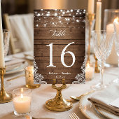 Rustic Wood Twinkle Lights Wedding Table Number RSVP Kaartje