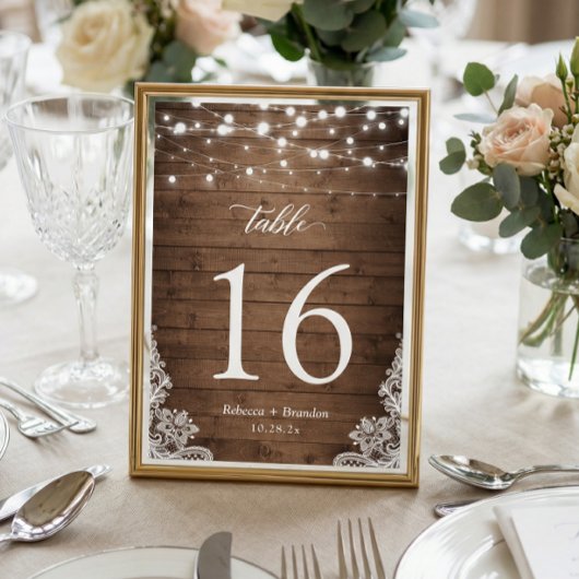 Rustic Wood Twinkle Lights Wedding Table Number RSVP Kaartje
