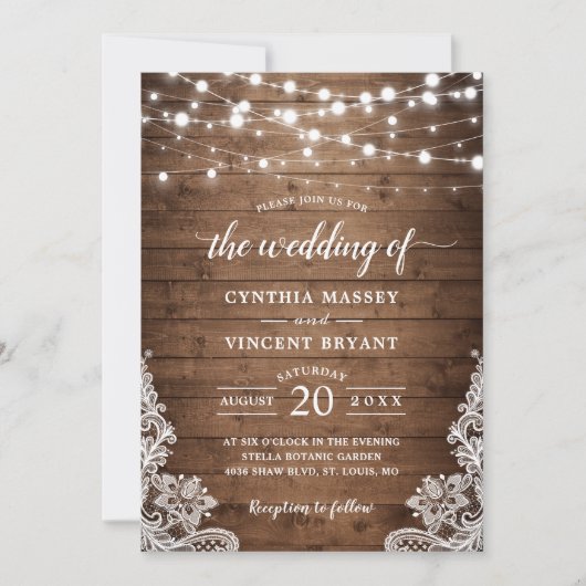Rustic Wood Twinkle String Lights Lace Wedding Kaart (Voorkant)