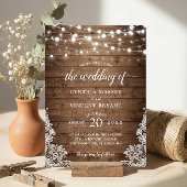 Rustic Wood Twinkle String Lights Lace Wedding Kaart