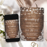 Rustic Wood Twinkle String Lights Lace Wedding Kaart<br><div class="desc">Vier je liefdesverhaal met deze rustieke houten Twinkle String Lights Lace bruiloft uitnodiging. Deze uitnodiging vangt de rustieke elegantie van een bosrijke viering, met een prachtige combinatie van houttexturen, twinkelende snaarlampen en kanten accenten. De aanpasbare sjabloon stelt u in staat om uw persoonlijke touch toe te voegen met behulp van...</div>