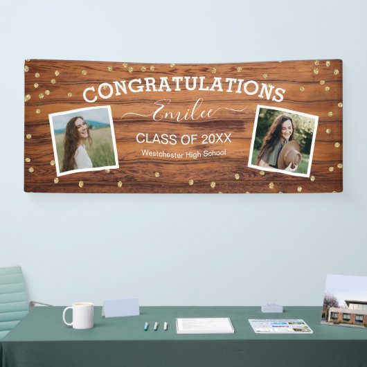 Rustic Wood Two Foto Gefeliciteerd Afstuderen Spandoek (Beurs)