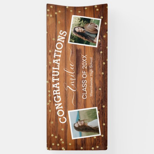 Rustic Wood Two Foto Gefeliciteerd Afstuderen Spandoek (Verticaal)