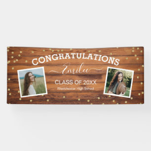 Rustic Wood Two Foto Gefeliciteerd Afstuderen Spandoek