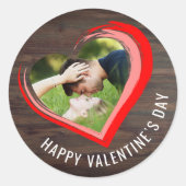 Rustic Wood Two Hearts Photo Happy Valentijn Day Ronde Sticker (Voorkant)