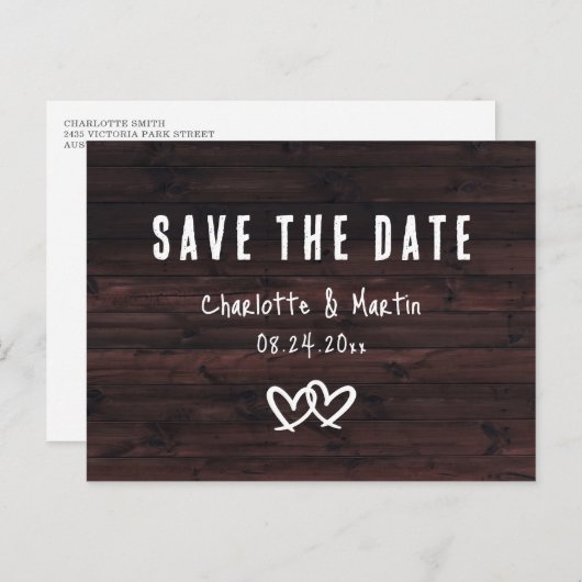 Rustic Wood Two Hearts Wedding Save the Date Briefkaart (Voorkant / Achterkant)