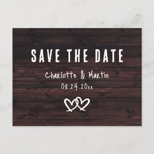 Rustic Wood Two Hearts Wedding Save the Date Briefkaart (Voorkant)