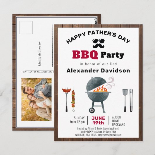 Rustic Wood Vaderdag Foto BBQ Uitnodiging (Voorkant / Achterkant)