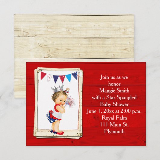 Rustic Wood Vierde juli Baby shower Uitnodiging (Voorkant / Achterkant)