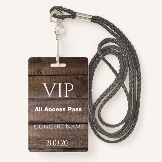 Rustic Wood VIP All Access Pass Concert Badge (Voorkant met draagriem)