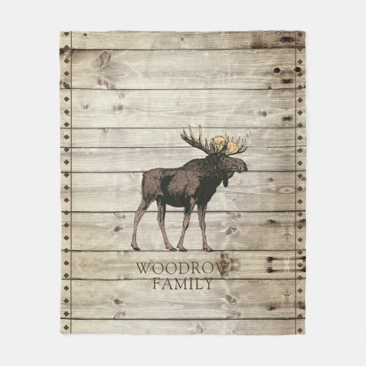 Rustic Wood Walking Moose Familienaam Fleece Deken (Voorkant)