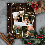 Rustic Wood Warm Holiday Wishes 4 Foto Folie Folie Feestdagenkaart<br><div class="desc">Robuust hout met donker gekleurd hout "Warm Holiday Wishes", vier foto's met collage vakantieontwerp met echte gouden folie vooraan en met een sneeuwvlokpatroon boven het donkere hout als achtergrond achteraan. Voeg gewoon uw familienaam en het jaar samen met uw foto's toe om het ontwerp te voltooien. Composietontwerp door Holiday Hearts-Design...</div>