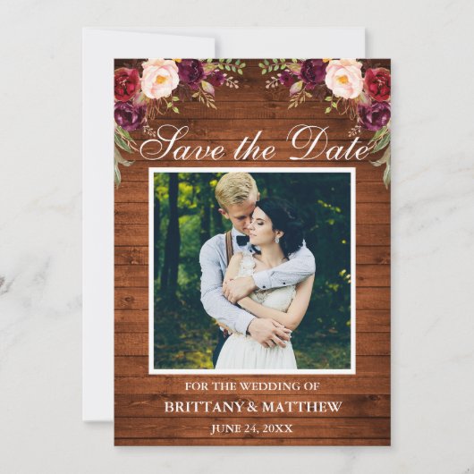 Rustic Wood Waterverf Burgundy Floral Foto Save The Date (Voorkant)