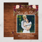 Rustic Wood Waterverf Burgundy Floral Foto Save The Date (Voorkant / Achterkant)