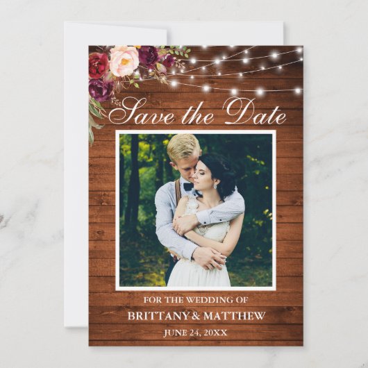 Rustic Wood Waterverf Burgundy Floral Lights Save The Date (Voorkant)