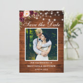 Rustic Wood Waterverf Burgundy Floral Lights Save The Date (Staand voorkant)