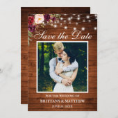 Rustic Wood Waterverf Burgundy Floral Lights Save The Date (Voorkant / Achterkant)