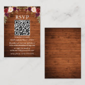 Rustic Wood Waterverf Burgundy Floral QR RSVP Informatiekaartje (Voorkant / Achterkant)