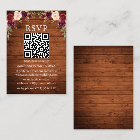 Rustic Wood Waterverf Burgundy Floral QR RSVP Informatiekaartje (Voorkant / Achterkant)