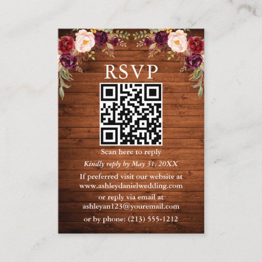 Rustic Wood Waterverf Burgundy Floral QR RSVP Informatiekaartje (Voorkant)