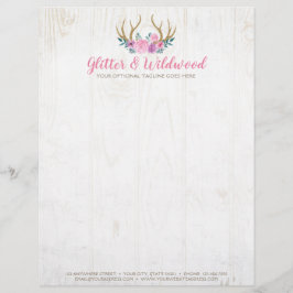 Rustic Wood & Waterverf Floral Antlers Boutique Briefhoofd