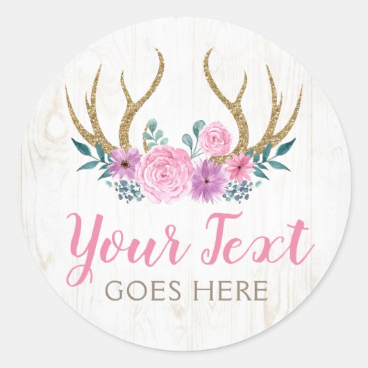 Rustic Wood & Waterverf Floral Antlers Boutique Ronde Sticker (Voorkant)