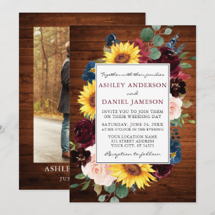 Rustic Wood Waterverf Gemengd Floral Foto bruiloft Kaart
