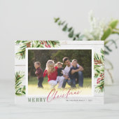 Rustic Wood Waterverf Pine Foto Merry Kerstmis Feestdagenkaart (Staand voorkant)
