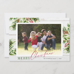 Rustic Wood Waterverf Pine Foto Merry Kerstmis Feestdagenkaart