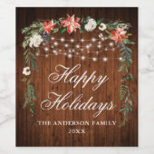 Rustic Wood Waterverf Poinsettia Lights Wijn Etiket (Enkel label)