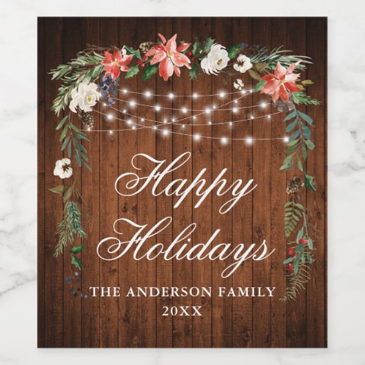 Rustic Wood Waterverf Poinsettia Lights Wijn Etiket (Enkel label)