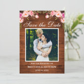 Rustic Wood Waterverf Roze Floral Foto Save The Date (Staand voorkant)