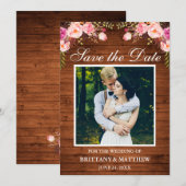 Rustic Wood Waterverf Roze Floral Foto Save The Date (Voorkant / Achterkant)