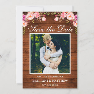 Rustic Wood Waterverf Roze Floral Foto Save The Date