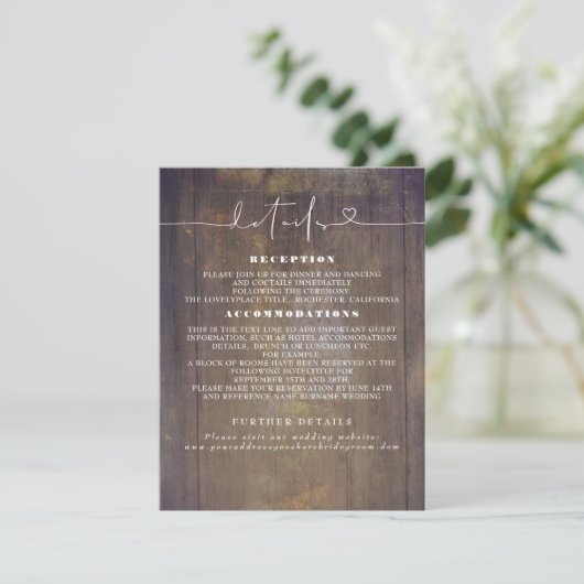 Rustic Wood Wedding Details Informatiekaartje (Staand voorkant)