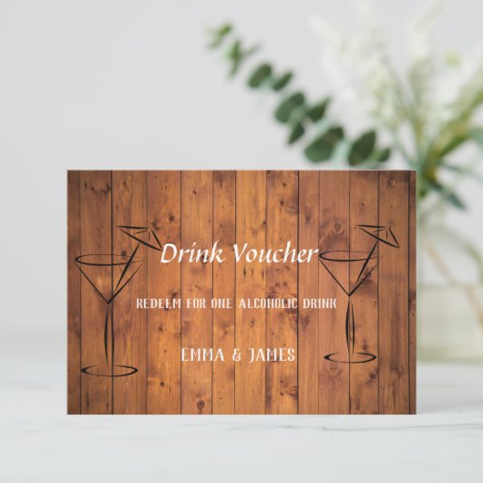  Rustic Wood Wedding Drink Voucher Kaart (Staand voorkant)