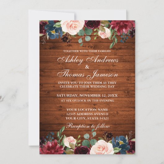 Rustic Wood Wedding Floral Burgundy Blue Invite Kaart (Voorkant)