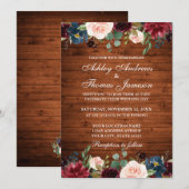 Rustic Wood Wedding Floral Burgundy Blue Invite Kaart (Voorkant / Achterkant)