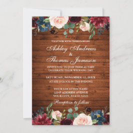 Rustic Wood Wedding Floral Burgundy Blue Invite Kaart