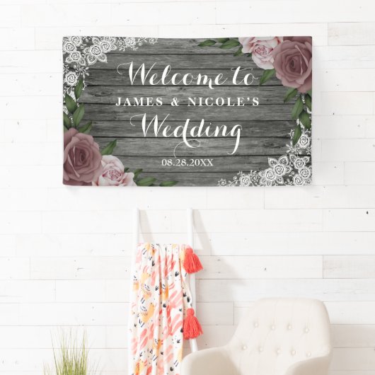 Rustic Wood Wedding Floral Pink Grey Backdrop Spandoek (Insitu)