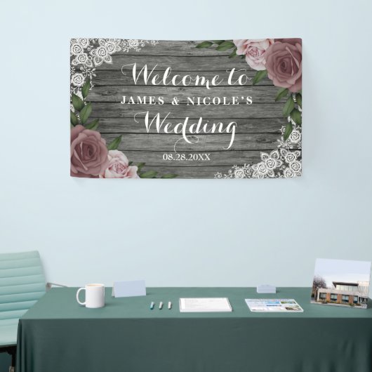 Rustic Wood Wedding Floral Pink Grey Backdrop Spandoek (Beurs)