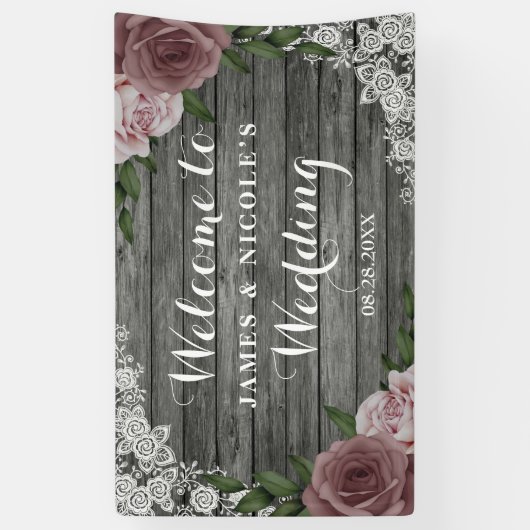 Rustic Wood Wedding Floral Pink Grey Backdrop Spandoek (Verticaal)