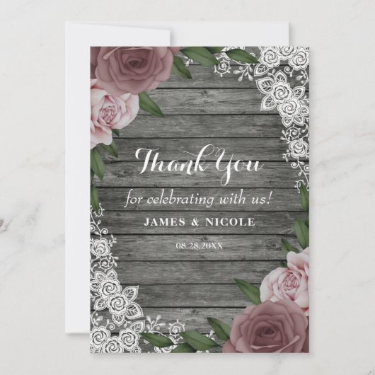 Rustic Wood Wedding Floral Pink Roses Gray Bedankkaart (Voorkant)