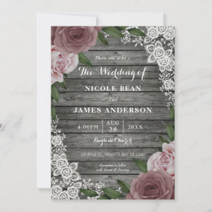 Rustic Wood Wedding Floral Pink Roses Gray Kaart
