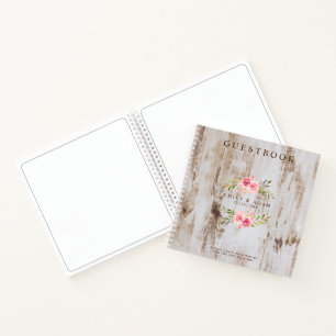 Rustic Wood Wedding Guestbook Pink Floral Wreath Notitieboek